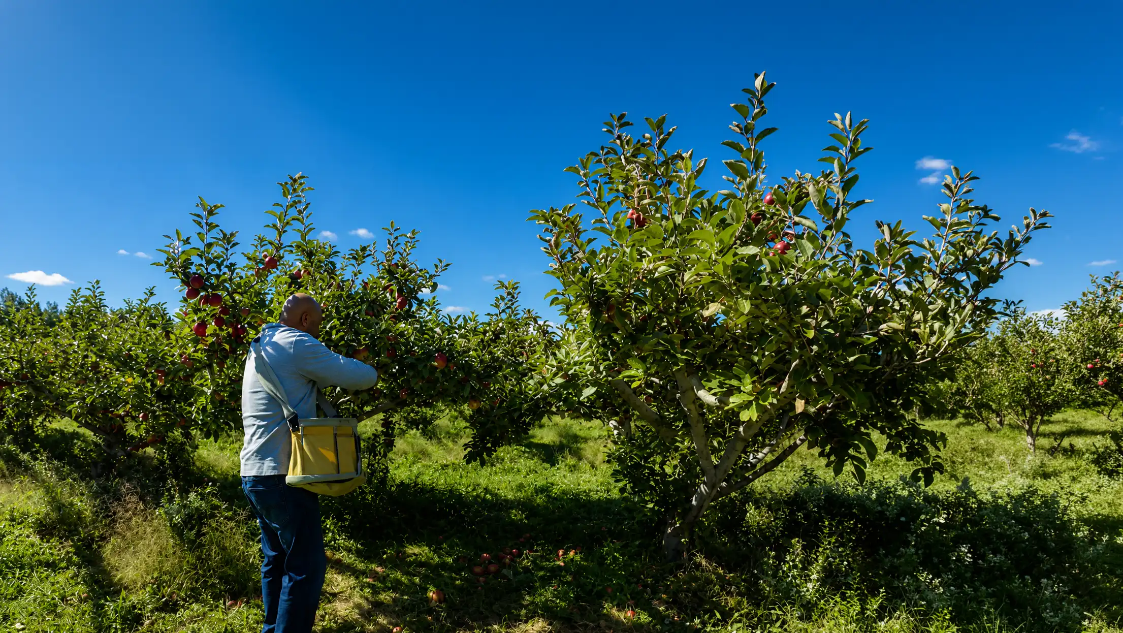 Greg picking apples in the orchard