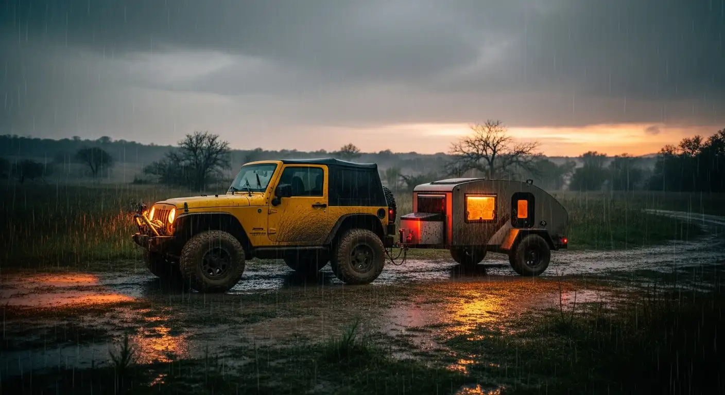 A yellow Jeep towing a small trailer at dusk in the rain