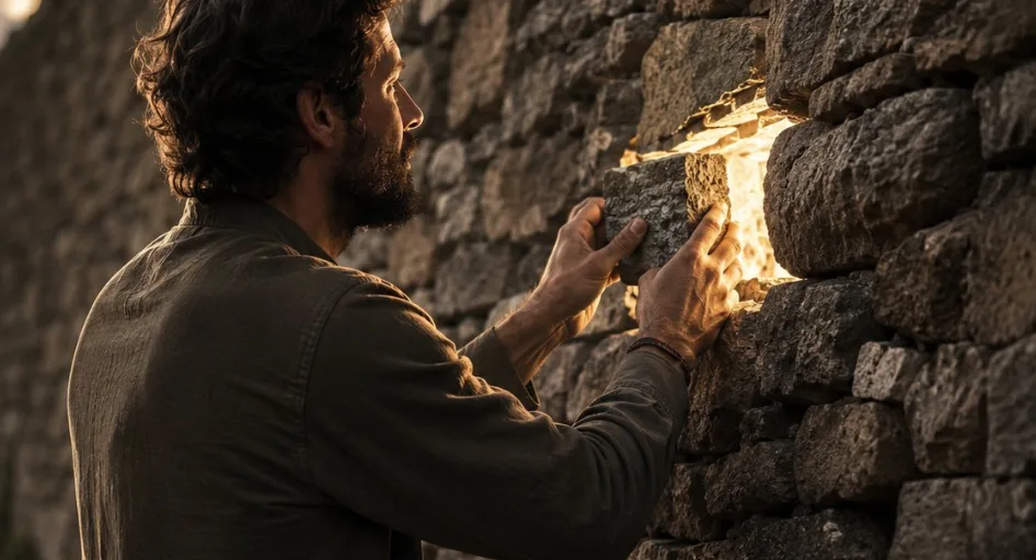 Setting a stone in a wall, letting the light through